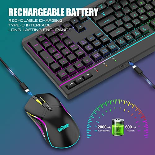 RedThunder K20 Wireless Keyboard and Mouse Combo, Full Size Anti-Ghosting Keyboard with Multimedia Keys + 7D 4800DPI Optical Mice, Rechargeable RGB Gaming/Office Set for PC Laptop Mac Xbox (Black) - 3