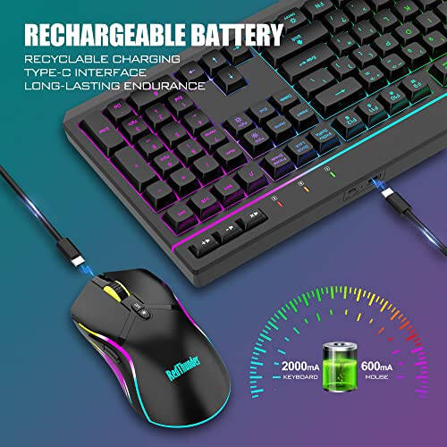 RedThunder K20 Wireless Keyboard and Mouse Combo, Full Size Anti-Ghosting Keyboard with Multimedia Keys + 7D 4800DPI Optical Mice, Rechargeable RGB Gaming/Office Set for PC Laptop Mac Xbox (Black) - 3