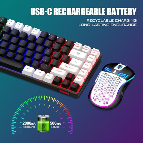 RedThunder K84 Kablosuz Klavye ve Fare Kombosu, Gökkuşağı Arka Aydınlatmalı Şarj Edilebilir Pil, %75 Düzen TKL Ultra Kompakt Oyun Klavyesi & Hafif 3200 DPI Bal Peteği Optik Fare (Siyah-Beyaz) - 10