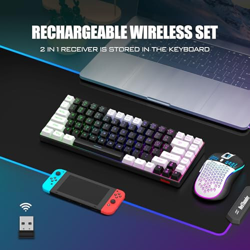 RedThunder K84 Kablosuz Klavye ve Fare Kombosu, Gökkuşağı Arka Aydınlatmalı Şarj Edilebilir Pil, %75 Düzen TKL Ultra Kompakt Oyun Klavyesi & Hafif 3200 DPI Bal Peteği Optik Fare (Siyah-Beyaz) - 1