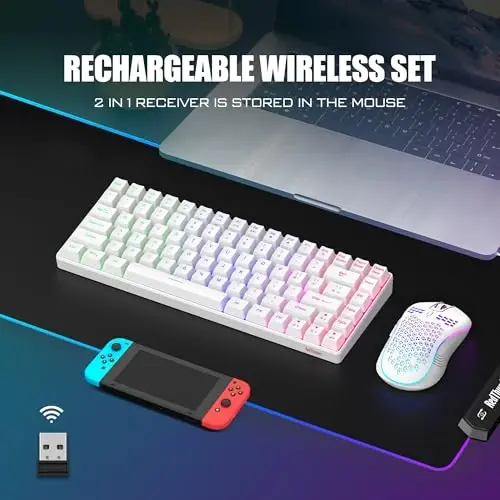 RedThunder K84 Wireless Keyboard and Mouse Combo, Rainbow Backlit Rechargeable Battery, 75% Layout TKL Ultra Compact Gaming Keyboard & Lightweight 3200 DPI Honeycomb Optical Mouse (White) - 2