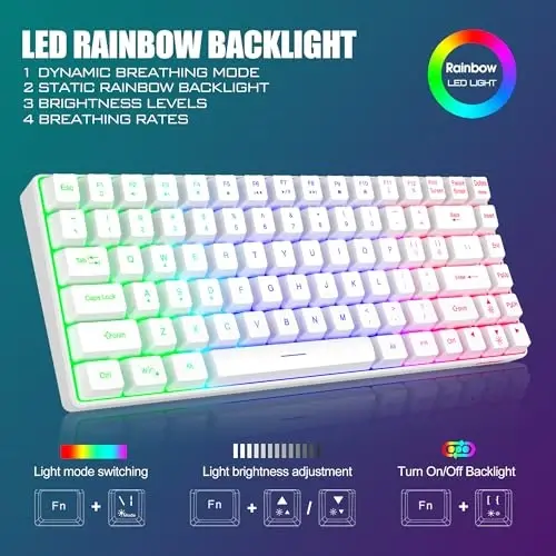 RedThunder K84 Wireless Keyboard and Mouse Combo, Rainbow Backlit Rechargeable Battery, 75% Layout TKL Ultra Compact Gaming Keyboard & Lightweight 3200 DPI Honeycomb Optical Mouse (White) - 3