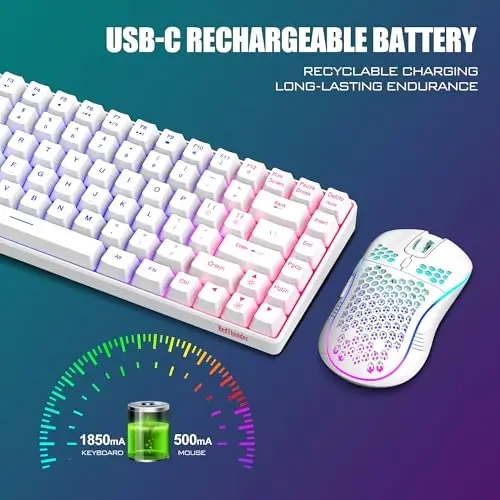 RedThunder K84 Wireless Keyboard and Mouse Combo, Rainbow Backlit Rechargeable Battery, 75% Layout TKL Ultra Compact Gaming Keyboard & Lightweight 3200 DPI Honeycomb Optical Mouse (White) - 5
