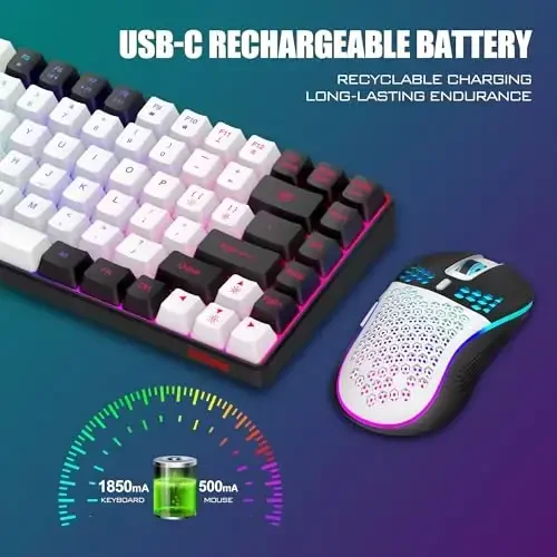 RedThunder K84 Wireless Keyboard and Mouse Combo, LED Rainbow Backlit Rechargeable Battery, 75% Layout TKL Ultra Compact Gaming Keyboard & Lightweight 3200 DPI Honeycomb Optical Mouse (White-Black) - 3
