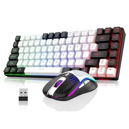 RedThunder K84 Wireless Keyboard and Mouse Combo, LED Rainbow Backlit Rechargeable Battery, 75% Layout TKL Ultra Compact Gaming Keyboard & Lightweight 3200 DPI Honeycomb Optical Mouse (White-Black) - 1