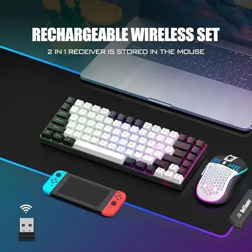 RedThunder K84 Wireless Keyboard and Mouse Combo, LED Rainbow Backlit Rechargeable Battery, 75% Layout TKL Ultra Compact Gaming Keyboard & Lightweight 3200 DPI Honeycomb Optical Mouse (White-Black) - 2