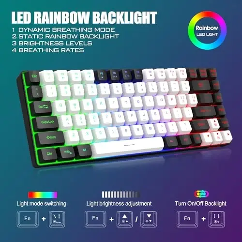 RedThunder K84 Wireless Keyboard and Mouse Combo, LED Rainbow Backlit Rechargeable Battery, 75% Layout TKL Ultra Compact Gaming Keyboard & Lightweight 3200 DPI Honeycomb Optical Mouse (White-Black) - 4