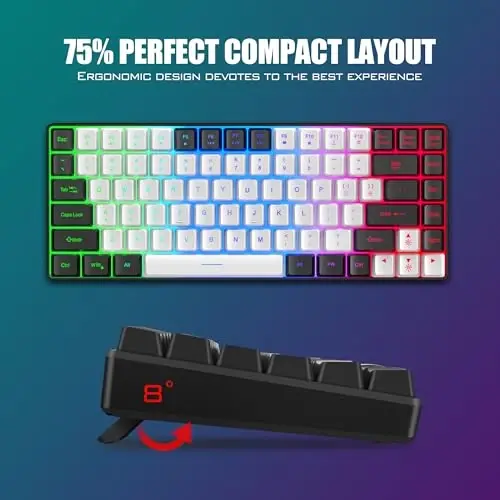 RedThunder K84 Wireless Keyboard and Mouse Combo, LED Rainbow Backlit Rechargeable Battery, 75% Layout TKL Ultra Compact Gaming Keyboard & Lightweight 3200 DPI Honeycomb Optical Mouse (White-Black) - 5
