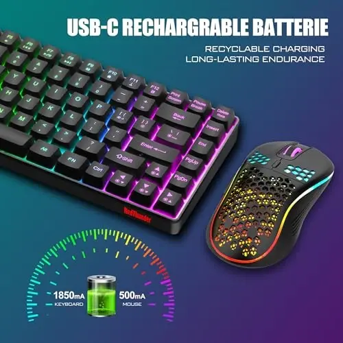 RedThunder K84 Simsiz Klaviatura va Sichqoncha Kombinatsiyasi, Kamalak Yoritgichli Qayta Zaryadlanuvchi Batareya, 75% Tartibli TKL Ultra Yilmam Klaviaturasi & Yengil 3200 DPI Asalari Uyasli Optik Sichqoncha (Qora) - 5