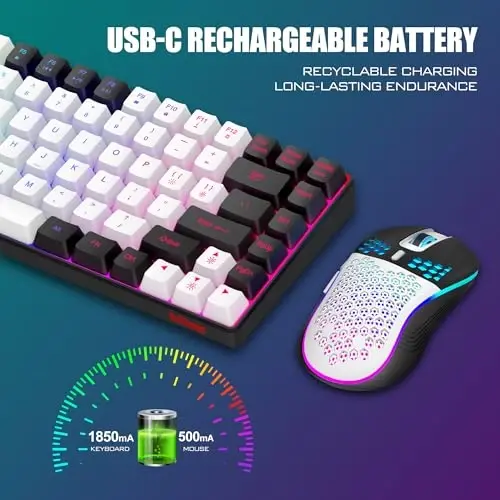 RedThunder K84 Simsiz Klaviatura va Sichqoncha Kombinatsiyasi, LED Kamalak Yoritgichli Qayta Zaryadlanuvchi Batareya, 75% Tartibli TKL Ultra Yilni O'yin Klaviatura va Yengil 3200 DPI Asalli Optik Sichqoncha (Oq-Qora) - 3