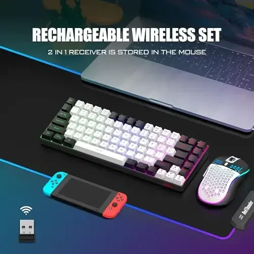 RedThunder K84 Wireless Keyboard and Mouse Combo, LED Rainbow Backlit Rechargeable Battery, 75% Layout TKL Ultra Compact Gaming Keyboard & Lightweight 3200 DPI Honeycomb Optical Mouse (White-Black) - REDTHUNDER (1)