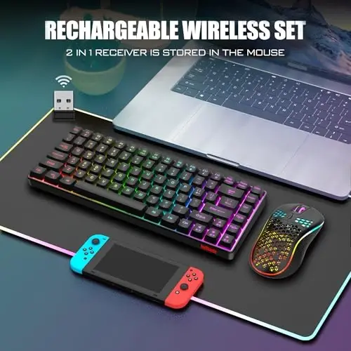 RedThunder K84 Wireless Keyboard and Mouse Combo, Rainbow Backlit Rechargeable Battery, 75% Layout TKL Ultra Compact Gaming Keyboard & Lightweight 3200 DPI Honeycomb Optical Mouse (Black) - 2
