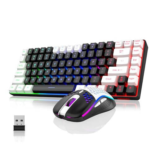 RedThunder K84 Wireless Keyboard and Mouse Combo, Rainbow Backlit Rechargeable Battery, 75% Layout TKL Ultra Compact Gaming Keyboard & Lightweight 3200 DPI Honeycomb Optical Mouse (Black-White) - 12