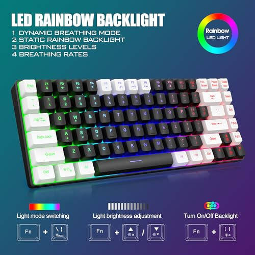 RedThunder K84 Wireless Keyboard and Mouse Combo, Rainbow Backlit Rechargeable Battery, 75% Layout TKL Ultra Compact Gaming Keyboard & Lightweight 3200 DPI Honeycomb Optical Mouse (Black-White) - 14