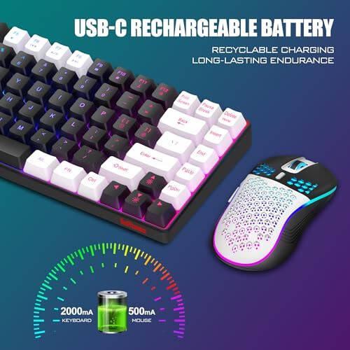 RedThunder K84 Wireless Keyboard and Mouse Combo, Rainbow Backlit Rechargeable Battery, 75% Layout TKL Ultra Compact Gaming Keyboard & Lightweight 3200 DPI Honeycomb Optical Mouse (Black-White) - 16