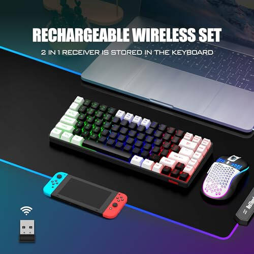 RedThunder K84 Wireless Keyboard and Mouse Combo, Rainbow Backlit Rechargeable Battery, 75% Layout TKL Ultra Compact Gaming Keyboard & Lightweight 3200 DPI Honeycomb Optical Mouse (Black-White) - 7