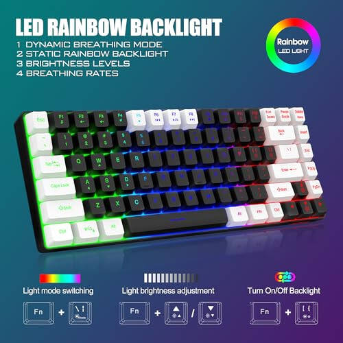 RedThunder K84 Wireless Keyboard and Mouse Combo, Rainbow Backlit Rechargeable Battery, 75% Layout TKL Ultra Compact Gaming Keyboard & Lightweight 3200 DPI Honeycomb Optical Mouse (Black-White) - 8