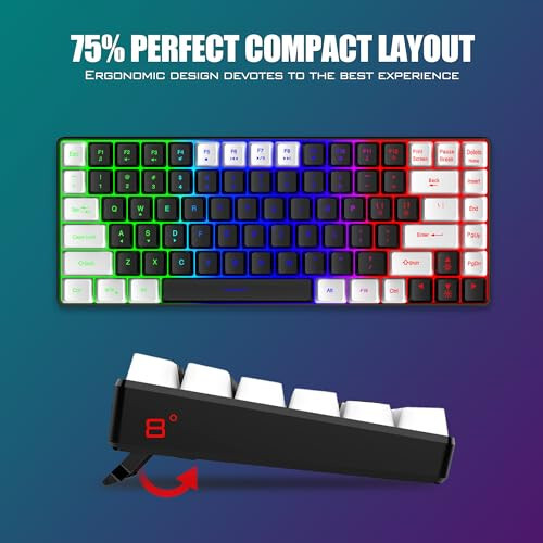 RedThunder K84 Wireless Keyboard and Mouse Combo, Rainbow Backlit Rechargeable Battery, 75% Layout TKL Ultra Compact Gaming Keyboard & Lightweight 3200 DPI Honeycomb Optical Mouse (Black-White) - 11