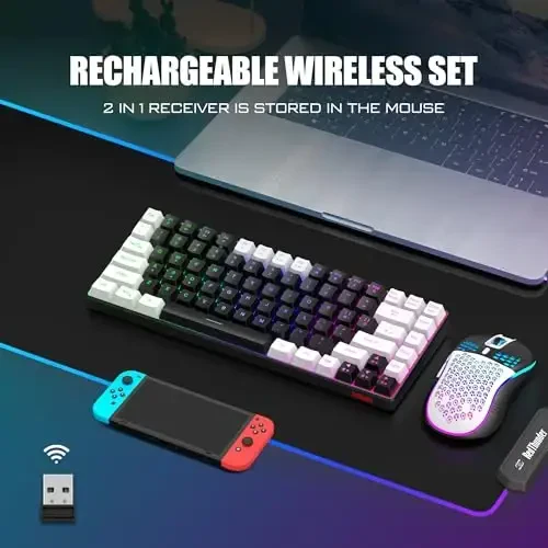 RedThunder K84 Wireless Keyboard and Mouse Combo, Rainbow Backlit Rechargeable Battery, 75% Layout TKL Ultra Compact Gaming Keyboard & Lightweight 3200 DPI Honeycomb Optical Mouse (Black-White) - 6