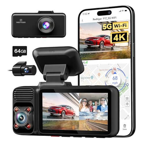 REDTIGER 4K 3 Channel Dash Cam 5G WiFi Built-in GPS with 64GB Card, 2160P+1080P+1080P Front and Rear Inside Loop Recording, Triple Car Camera with 3 Inch Screen, IR Night Vision, WDR, Parking Mode - 20