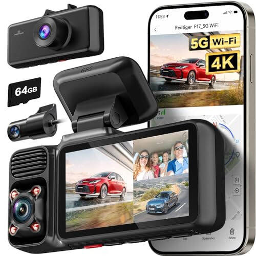 REDTIGER 4K 3 Channel Dash Cam 5G WiFi Built-in GPS with 64GB Card, 2160P+1080P+1080P Front and Rear Inside Loop Recording, Triple Car Camera with 3 Inch Screen, IR Night Vision, WDR, Parking Mode - 19