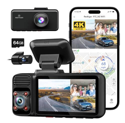 REDTIGER 4K 3 Channel Dash Cam 5G WiFi Built-in GPS with 64GB Card, 2160P+1080P+1080P Front and Rear Inside Loop Recording, Triple Car Camera with 3 Inch Screen, IR Night Vision, WDR, Parking Mode - 7