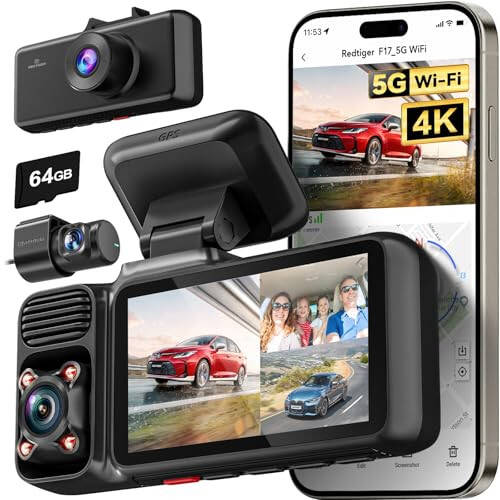 REDTIGER 4K 3 Channel Dash Cam 5G WiFi Built-in GPS with 64GB Card, 2160P+1080P+1080P Front and Rear Inside Loop Recording, Triple Car Camera with 3 Inch Screen, IR Night Vision, WDR, Parking Mode - 1