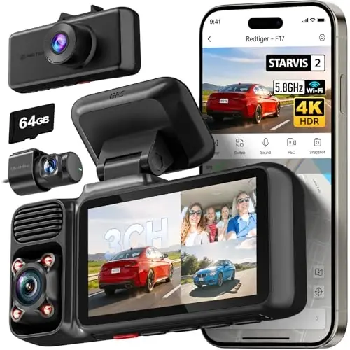 REDTIGER 4K 3 Channel Dash Cam 5G WiFi Built-in GPS with 64GB Card, 2160P+1080P+1080P Front and Rear Inside Loop Recording, Triple Car Camera with 3 Inch Screen, IR Night Vision, WDR, Parking Mode - 1