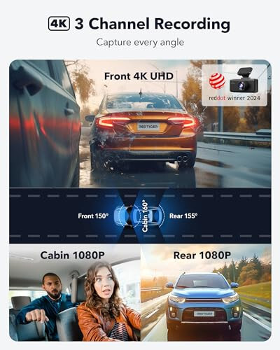 REDTIGER 4K 3 Kanallı Dash Cam 5G WiFi Dahili GPS 64GB Kartlı, 2160P+1080P+1080P Ön ve Arka İç Döngü Kaydı, 3 İnç Ekranlı Üçlü Araba Kamerası, IR Gece Görüşü, WDR, Park Modu - 21