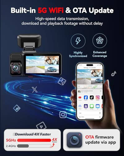 REDTIGER 4K 3 Kanallı Dash Cam 5G WiFi Dahili GPS 64GB Kartlı, 2160P+1080P+1080P Ön ve Arka İç Döngü Kaydı, 3 İnç Ekranlı Üçlü Araba Kamerası, IR Gece Görüşü, WDR, Park Modu - 15