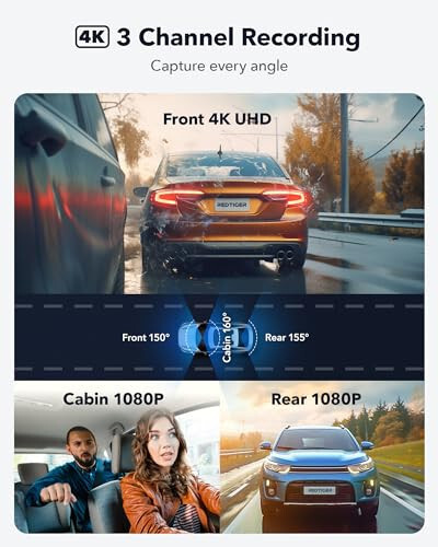 REDTIGER 4K 3 Kanallı Dash Cam 5G WiFi Dahili GPS 64GB Kartlı, 2160P+1080P+1080P Ön ve Arka İç Döngü Kaydı, 3 İnç Ekranlı Üçlü Araba Kamerası, IR Gece Görüşü, WDR, Park Modu - 8