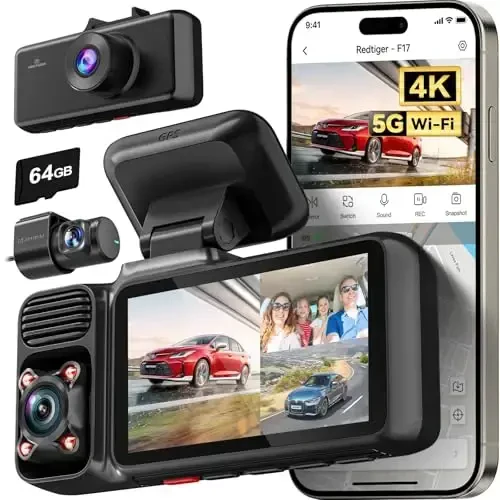 REDTIGER F17 4K 3 Channel Dash Cam, 5GHz WiFi Built-in GPS with 64GB Card, 2160P+1080P+1080P Front and Rear Inside, Triple Car Camera with 3 Inch Screen, IR Night Vision, G Sensor, WDR, Parking Mode - 4