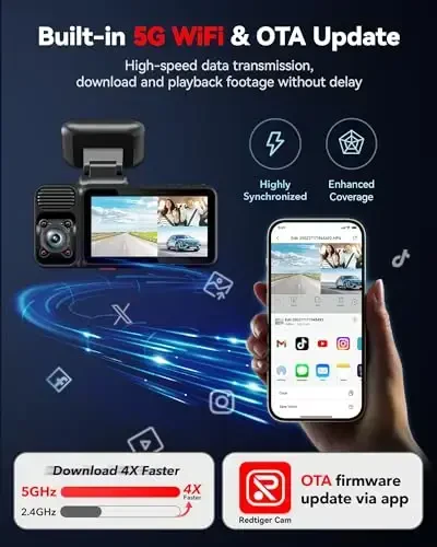 REDTIGER F17 4K 3 Channel Dash Cam, 5GHz WiFi Built-in GPS with 64GB Card, 2160P+1080P+1080P Front and Rear Inside, Triple Car Camera with 3 Inch Screen, IR Night Vision, G Sensor, WDR, Parking Mode - 5