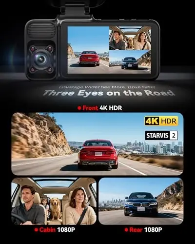 REDTIGER 4K 3 Kanallı Dash Cam 5G WiFi Dahili GPS 64GB Kartlı, 2160P+1080P+1080P Ön ve Arka İç Döngü Kaydı, 3 İnç Ekranlı Üçlü Araba Kamerası, IR Gece Görüşü, WDR, Park Modu - REDTIGER (1)