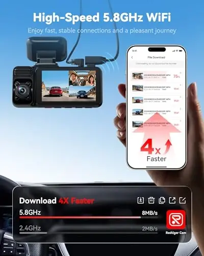 REDTIGER 4K 3 Kanallı Dash Cam 5G WiFi Dahili GPS 64GB Kartlı, 2160P+1080P+1080P Ön ve Arka İç Döngü Kaydı, 3 İnç Ekranlı Üçlü Araba Kamerası, IR Gece Görüşü, WDR, Park Modu - 4