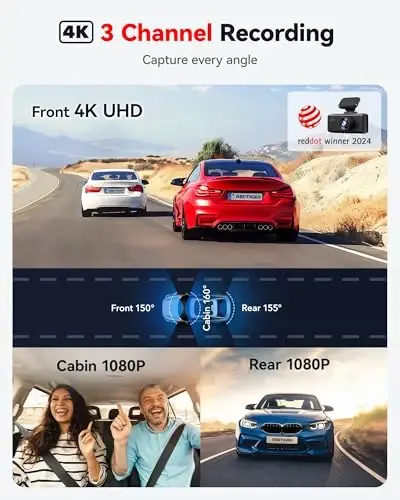 REDTIGER F17 4K 3 Channel Dash Cam, 5GHz WiFi Built-in GPS with 64GB Card, 2160P+1080P+1080P Front and Rear Inside, Triple Car Camera with 3 Inch Screen, IR Night Vision, G Sensor, WDR, Parking Mode - 2