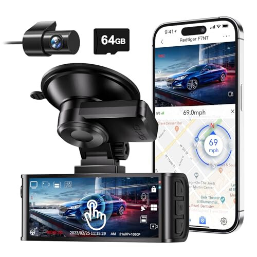 REDTIGER 4K Dash Cam Front and Rear, Сенсорный экран 3.18 дюйма, Карта 64 ГБ в комплекте, Автомобильная видеорегистратор со встроенным WiFi GPS, UHD 2160P Ночное видение, WDR, Парковочный монитор (F7N Touch) - 1