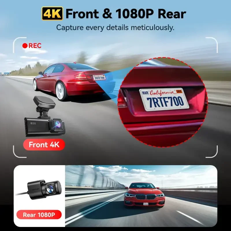 REDTIGER 4K Front and Rear Dash Cam, STARVIS 2 Sensor, 4K/2.5K+1080P Dual Dash Cam, Built-in WiFi & GPS, 3.18-inch IPS Screen, 170° Wide Angle, Parking Mode, 64GB card - 3