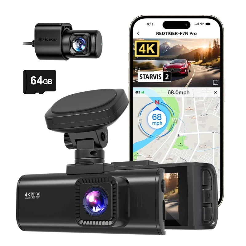 REDTIGER 4K Old va orqa Dash Cam, STARVIS 2 sensori, 4K/2,5K+1080P Dual Dash Cam, o'rnatilgan WiFi va GPS, 3,18-dyuymli IPS ekran, 170° keng ko'rish, Avtopark rejimi, 64 GB karta - REDTIGER