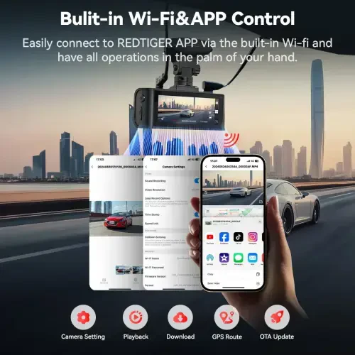 REDTIGER 4K Old va orqa Dash Cam, STARVIS 2 sensori, 4K/2,5K+1080P Dual Dash Cam, o'rnatilgan WiFi va GPS, 3,18-dyuymli IPS ekran, 170° keng ko'rish, Avtopark rejimi, 64 GB karta - 4