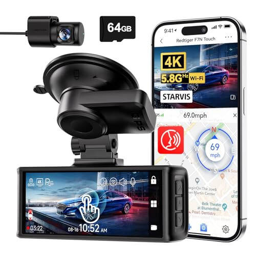 REDTIGER 4K Ön ve Arka Kamera, 3.18 inç Dokunmatik Ekran, 64GB Kart Dahil, Araç Kamerası Dahili WiFi GPS, UHD 2160P Gece Görüşü, WDR, Park Etme Monitörü (F7N Touch) - 1