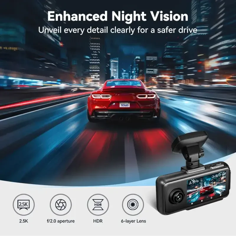 REDTIGER A6 3 Channel Dash Cam, 2.5K+1080P+1080P,Triple Dash Cam with WiFi & GPS, Triple Dash Camera with 64GB Card, Loop Recording, Night Vision, Black - 8