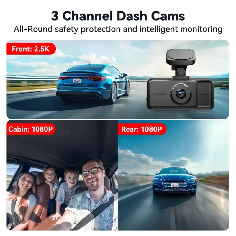 REDTIGER A6 3 Channel Dash Cam, 2.5K+1080P+1080P,Triple Dash Cam with WiFi & GPS, Triple Dash Camera with 64GB Card, Loop Recording, Night Vision, Black - REDTIGER