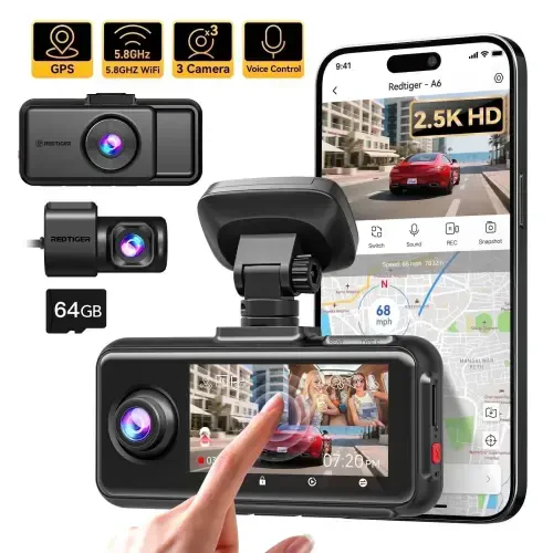 REDTIGER A6 3 Channel Dash Cam, 2.5K+1080P+1080P,Triple Dash Cam with WiFi & GPS, Triple Dash Camera with 64GB Card, Loop Recording, Night Vision, Black - 10
