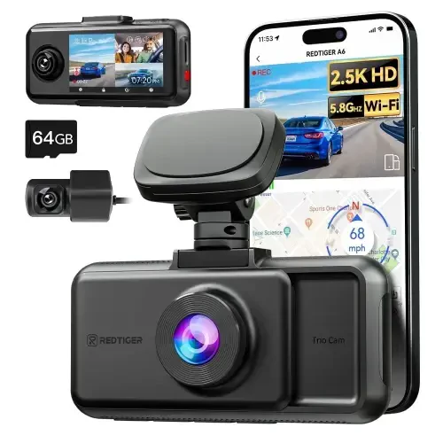 REDTIGER A6 3 Kanallik Dash Cam, 2,5K+1080P+1080P, WiFi va GPSli Uch Kanallik Dash Cam, 64GB Karta ega Uch Kanallik Dash Kamera, Siklli Yozuv, Tun Ko'rish, Qora - 12