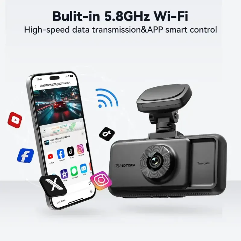 REDTIGER A6 3 Kanallik Dash Cam, 2,5K+1080P+1080P, WiFi va GPSli Uch Kanallik Dash Cam, 64GB Karta ega Uch Kanallik Dash Kamera, Siklli Yozuv, Tun Ko'rish, Qora - 3