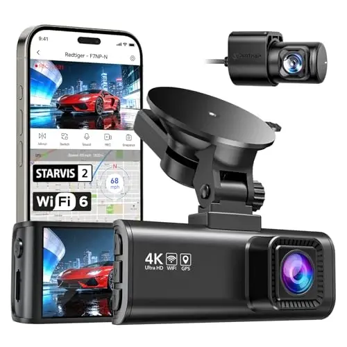REDTIGER Dash Cam 4K Front and 1080P Rear, STARVIS 2 Sensor, 5.8GHz WiFi (20MB/s), GPS, WDR & HDR Night Vision, 170°Wide Angle, Parking Mode, Loop Recording with Emergency Lock(SD Card Not Included) - 1