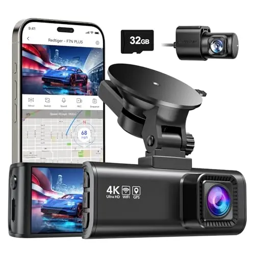 REDTIGER Dash Cam Front Rear, 4K/2.5K Full HD Dash Camera for Cars, Free 32GB Card, Built-in Wi-Fi GPS, 3.16” IPS Screen, Night Vision, 170°Wide Angle, WDR, 24H Parking Mode - 4