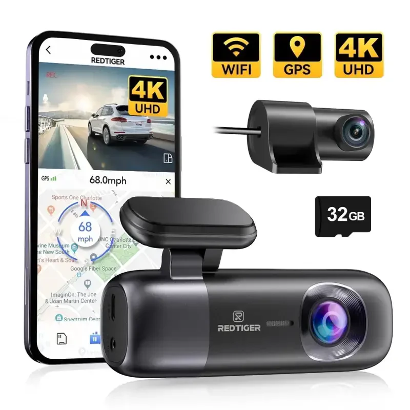 REDTIGER Dual Dash Cam, 4K Front and 1080P Rear Car Dashcam with WiFi & GPS, App Control, Night Vision, USB C Port, Free 32GB Card - 2
