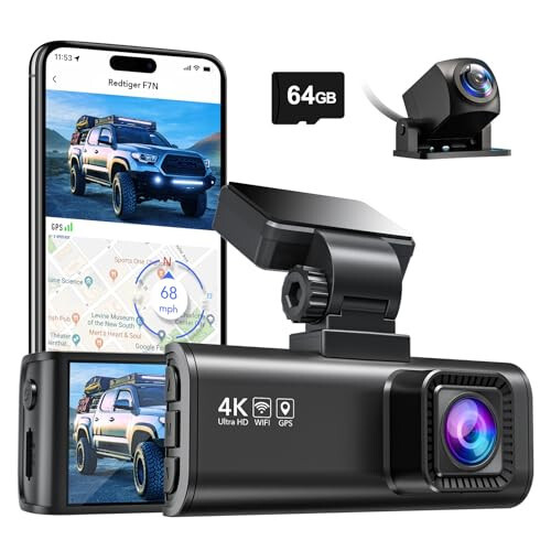 REDTIGER F7N 4K Çift Dash Cam 64GB Kartlı, Dahili WiFi GPS Ön 4K/2.5K ve Arka 1080P Çift Dash Kamera Arabalar İçin, 3.18 inç Ekran, 170° Geniş Açı, Park Sensörü, Maksimum 256GB Destek - 7